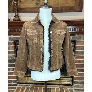 Vintage Y2K Brown Corduroy Faux Fur Trim Jacket Girls Sz 12 Metal Buttons 2002